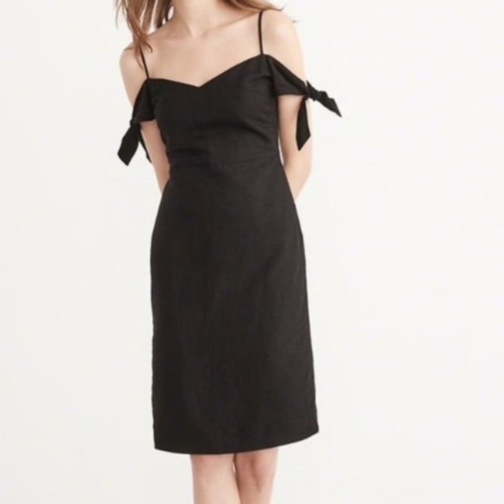 A&F  black linen midi dress with tie shoulders